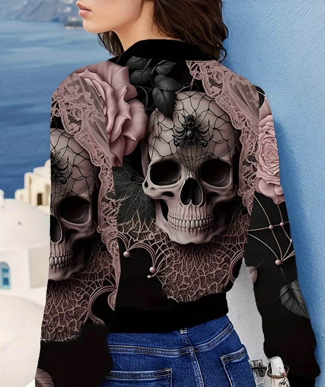 Floral & Skull Print Zip Up Jacket